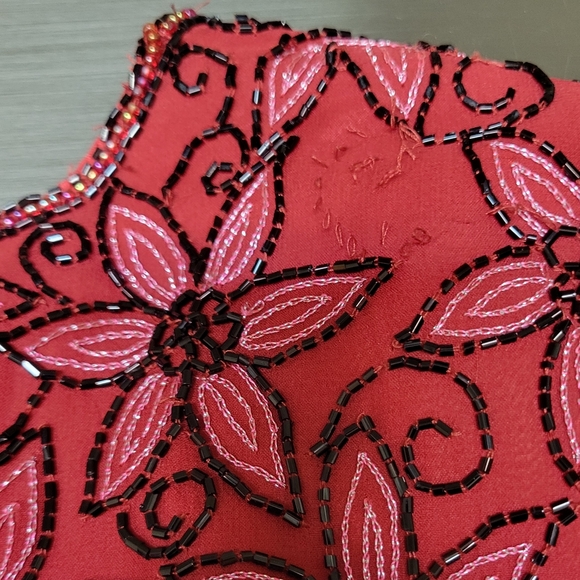 VTG Papell Boutique Red Black Evening Vintage Beaded Silk Top Fuul Back Zip EUC - Picture 4 of 8